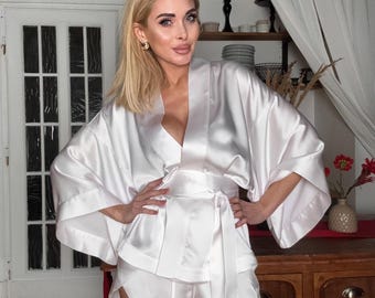 Silk Pajama Set - 3 Piece Sleepwear, Kimono Jacket With Shorts and Wide Pants, Women's Lounge Set, Bridal Robe Set, Nightwear Gift for Her