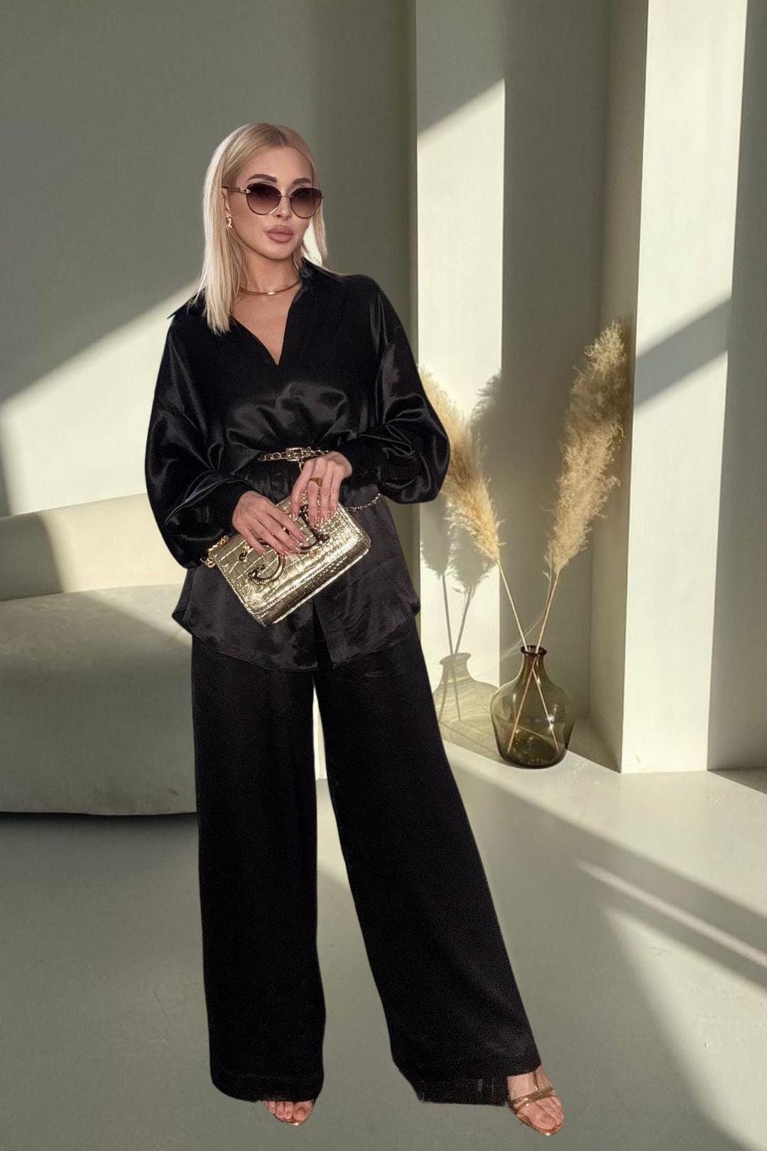 Black Satin Shirt & Pants Set, Loose Fit Casual Pantsuit, Silk Blouse and Wide Trousers, Women's PJ Suit, Evening Outfit, Chic Lounge Suite
