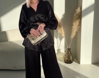 Black Satin Shirt & Pants Set, Loose Fit Casual Pantsuit, Silk Blouse and Wide Trousers, Women's PJ Suit, Evening Outfit, Chic Lounge Suite
