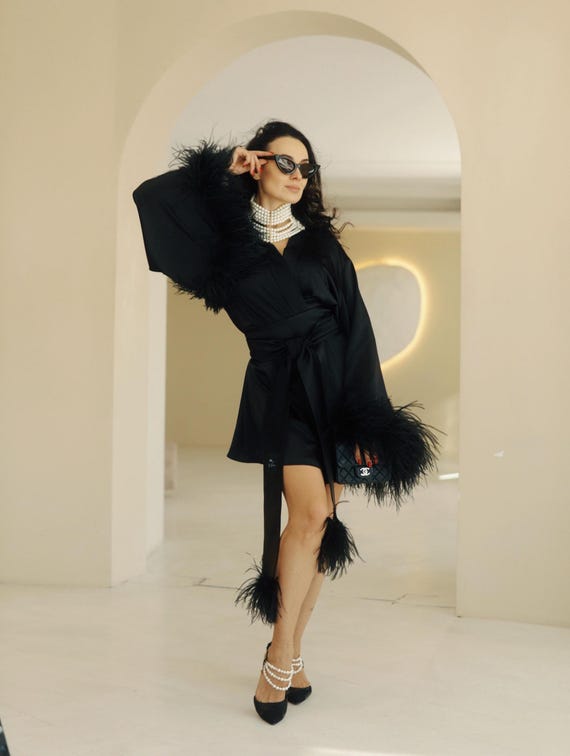 black short kimono dress Black Satin Kimono Mini Dress  casa-nova-bottega