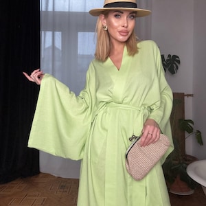 Lime Linen Kimono Robe with Pockets, Wide Sleeves Homecoming Dress, Natural Linen Bathrobe for Women, Premium Homecoat, Linen Cover Up