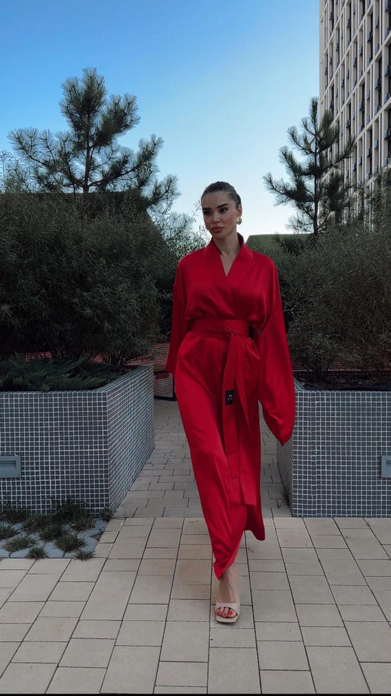 kimono red dress Red kimono dress women, Japanese formal dress, High neck Asian cocktail dress, Satin evening attire Wedding guest dress 3/4 sleeve TAVROVSKA