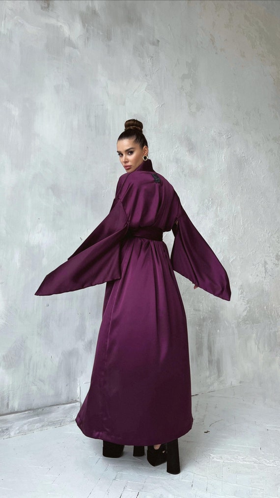 Burgundy Japanese Kimono Dress Halloween Women Bathrobe Deep Purple Satin Robe Bell Sleeve Dress Bridesmaid Robe Night Dressing Gown Etsy