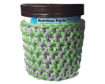 Ice Cream Cozy - Green and Purple Crocheted Ice Cream Holder - Pint Sized - Reusable Cover