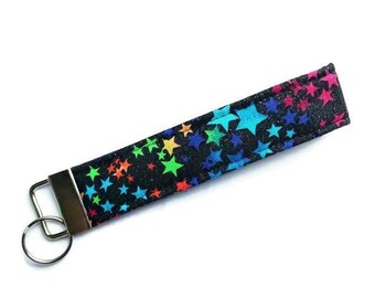 Fabric Key Fob Wristlet - Black with Rainbow Stars and Glitter - Keychain or Zipper Pull