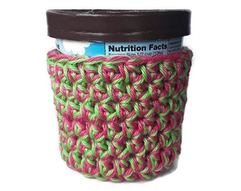 Ice Cream Cozy - Hot Pink and Green Crocheted Ice Cream Holder - Pint Sized - Reusable Cover