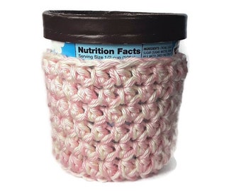 Ice Cream Cozy - Pink and Cream Crocheted Ice Cream Holder - Pint Sized - Reusable Cover