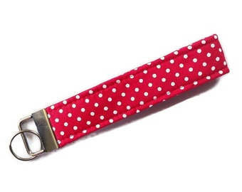 Fabric Key Fob Wristlet - Red with White Polka Dots - Keychain or Zipper Pull