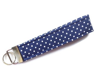 Fabric Key Fob Wristlet - Blue with White Polka Dots - Keychain or Zipper Pull