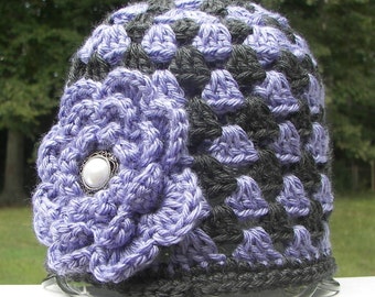 Hat for Toddler Girl - Purple and Dark Gray with Big Flower and Pearl Button - Size 12 to 24 months