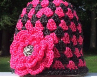 Hot Pink and Charcoal Gray Hat - Toddler Hat with Pink Flower - Granny Square Crochet - Toddler Size 1-2 - Soft Yarn - Ready to Ship