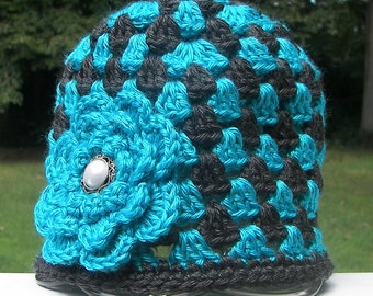 Teal and Charcoal Gray Toddler Hat with Teal Flower - Granny Square Crochet - Toddler Size 1-2 - Ready to Ship - Pearl Button - Dark Gray