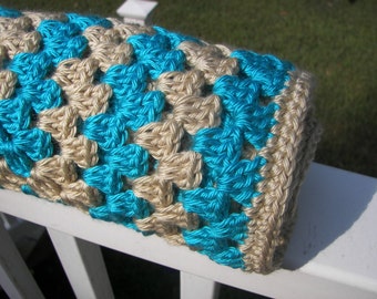 Teal and Tan Baby Blanket - Granny Square Crochet - Bright Blue - Striped Blanket - Ready to Ship - Baby Shower Gift - Smoke Free - Heirloom