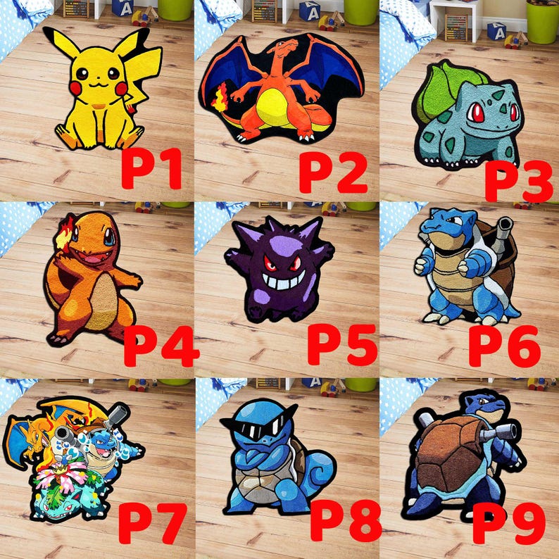 May include: A collection of nine shaped area rugs featuring various colorful cartoon characters from the Pokemon franchise, including Pikachu, Charizard, Bulbasaur, Charmander, Gengar, Blastoise, and Squirtle, each labeled with a red P1 through P9 tag.