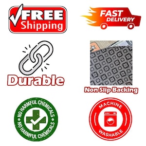 May include: A set of six informational icons featuring a red Free Shipping sign, a red Fast Delivery truck, a black chain link icon labeled Durable, a black and white square pattern labeled Non Slip Backing, a green No Harmful Chemicals seal, and a red Machine Washable icon.