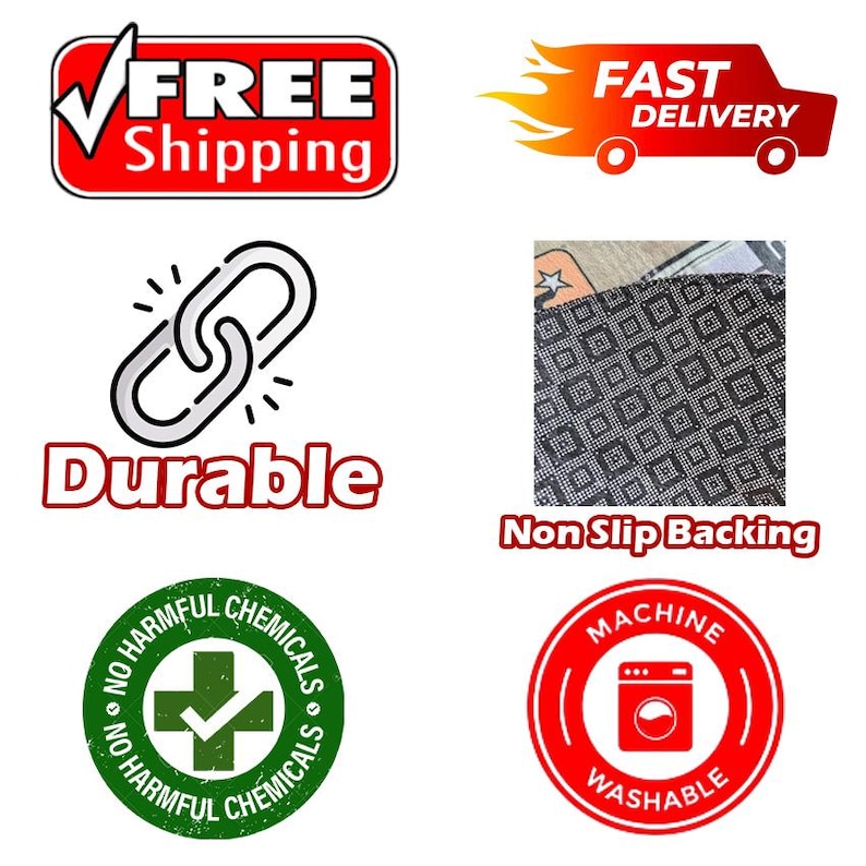 May include: A set of six informational icons featuring a red Free Shipping sign, a red Fast Delivery truck, a black chain link icon labeled Durable, a black and white square pattern labeled Non Slip Backing, a green No Harmful Chemicals seal, and a red Machine Washable icon.