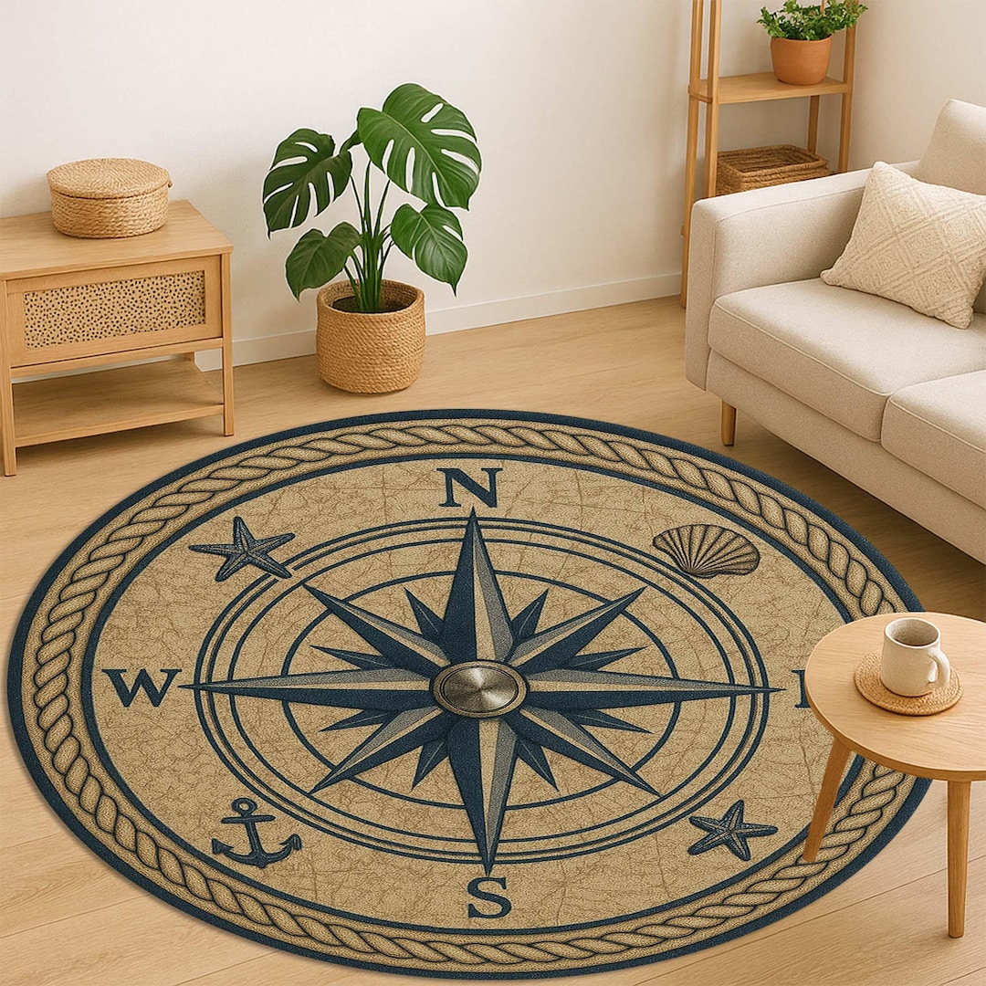 Nautical Compass Rose Round Rug: Coastal Beach House Decor - Etsy