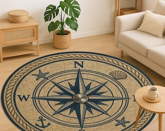 Nautical Compass Rose Round Rug: Coastal Beach House Decor
