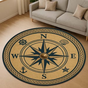 Nautical Compass Rose Round Rug: Coastal Beach House Decor