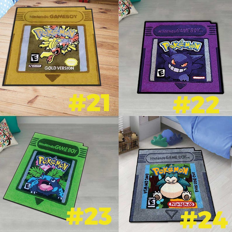 May include: A collection of four rectangular rugs shaped like Nintendo Game Boy game cartridges. Each rug features a unique Pok&eacute;mon character illustration, including Ho-Oh, Gengar, Venusaur, and Snorlax, with the text Nintendo GAME BOY.