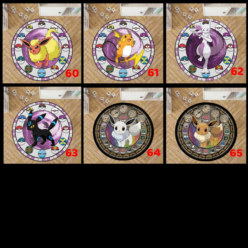 May include: A collection of six circular rugs featuring various animated creatures in the center, surrounded by a border of colorful spherical icons. Each rug is numbered from 60 to 65, displaying distinct characters like Flareon, Raichu, Mewtwo, Umbreon, Glaceon, and Eevee against vibrant, swirling backgrounds.