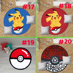 May include: Four circular area rugs featuring Pokemon designs. Number 17 shows Pikachu on a blue background, 18 shows Pikachu on a red background, 19 is a red and white Pokeball, and 20 features a black and red Pokeball filled with silhouettes.