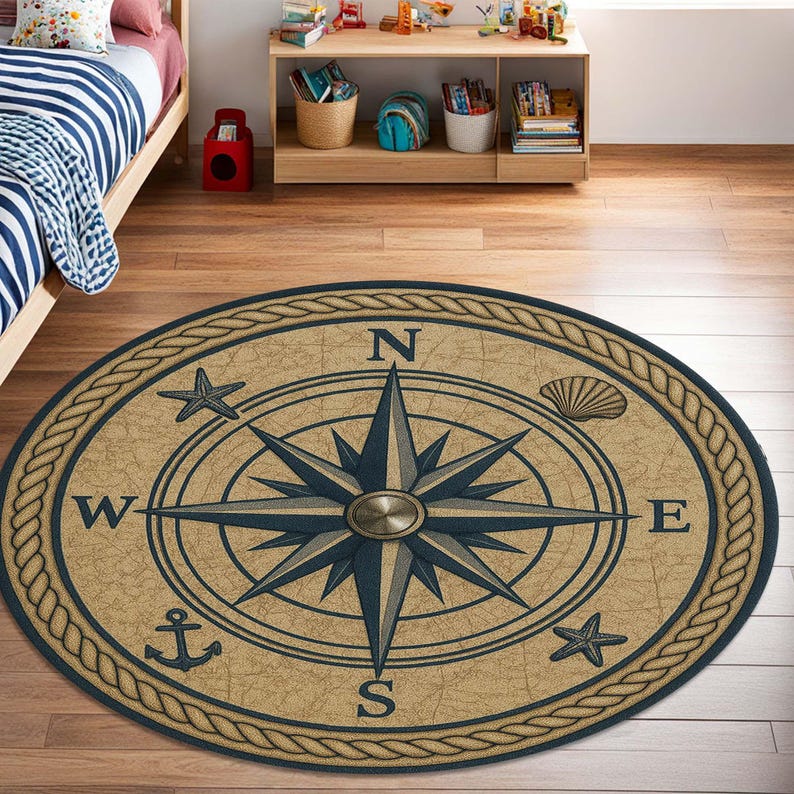 Nautical Compass Rose Round Rug: Coastal Beach House Decor - Etsy
