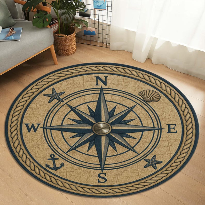 Nautical Compass Rose Round Rug: Coastal Beach House Decor - Etsy