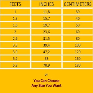 May include: A yellow conversion chart displaying three columns labeled FEETS, INCHES, and CENTIMETERS. The table lists numerical equivalents for various lengths, ranging from 1 foot to 5.9 feet. Below the table, the text reads: or You Can Chouse Any Size You Want.