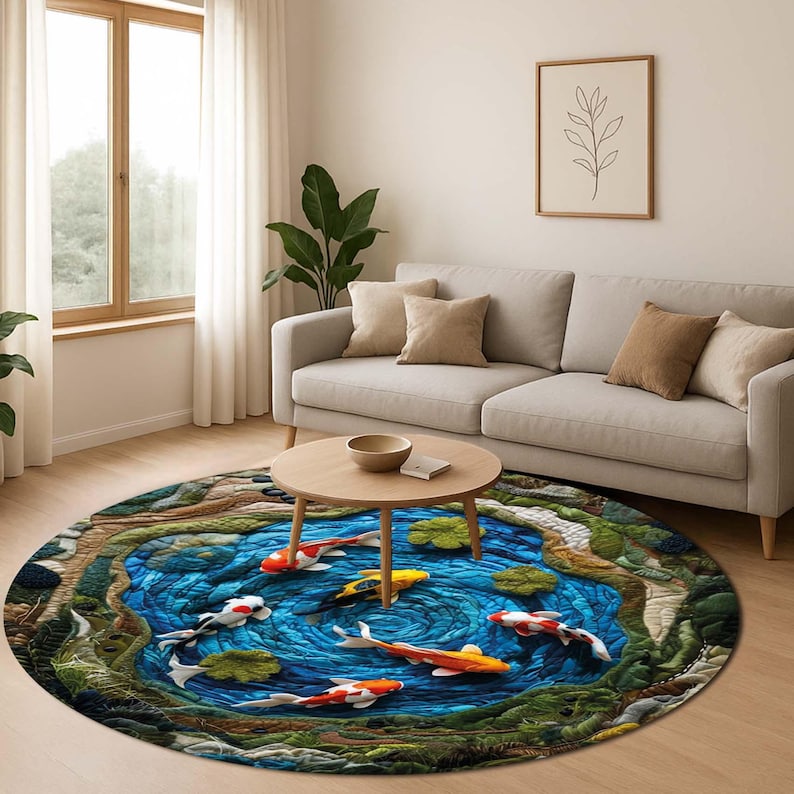 Pond Rug Abstract Koi Fish Pond Round Rug: Modern Aquarium Decor, Popular Rug, Gift for ...