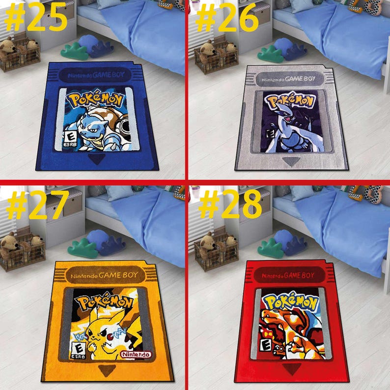 May include: A collection of four rectangular area rugs designed to look like Nintendo Game Boy game cartridges. Each rug features a Pok&eacute;mon character illustration, the Pok&eacute;mon logo, and the ESRB rating symbol on a blue, gray, yellow, or red background.