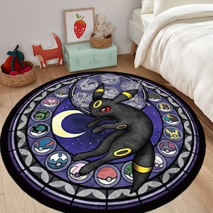 May include: A circular area rug featuring a black Umbreon character with yellow rings and red eyes, centered against a crescent moon and a purple stained-glass style border containing various circular icons and smaller character silhouettes.