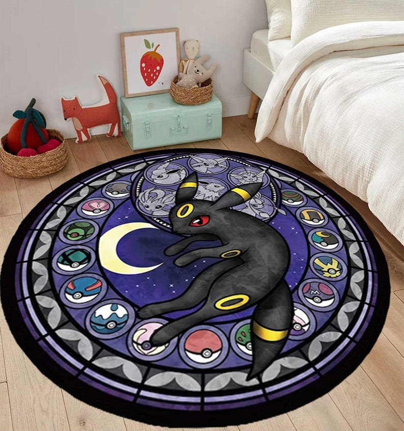 May include: A circular area rug featuring a black Umbreon character with yellow rings and red eyes, centered against a crescent moon and a purple stained-glass style border containing various circular icons and smaller character silhouettes.