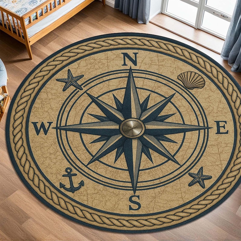 Nautical Compass Rose Round Rug: Coastal Beach House Decor - Etsy