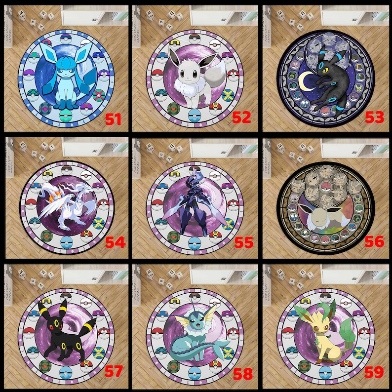 May include: A collection of nine circular rugs featuring various Pok&eacute;mon characters centered within a circular border of Pok&eacute; Ball icons. Each rug displays a unique creature, including Glaceon, Eevee, Umbreon, Reshiram, Ceruledge, and Leafeon.