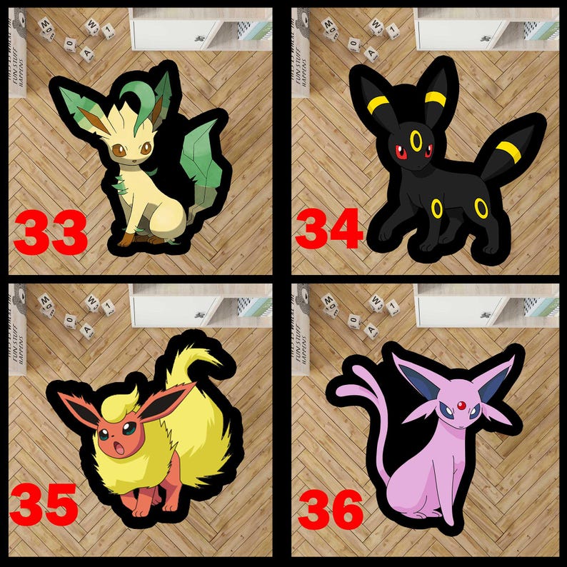 May include: A set of four character-shaped rugs featuring Leafeon, Umbreon, Flareon, and Espeon. Each rug is outlined in black and labeled with a red number: 33 for the cream and green Leafeon, 34 for the black and yellow Umbreon, 35 for the yellow and orange Flareon, and 36 for the light purple Espeon.