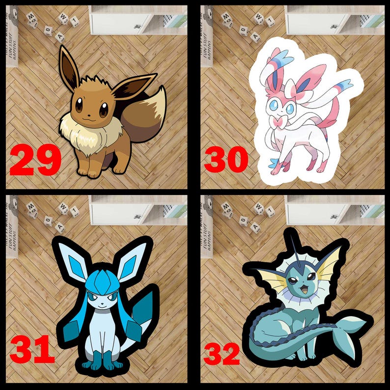 May include: A set of four character-shaped rugs featuring Eevee, Sylveon, Glaceon, and Vaporeon. Each rug displays a distinct creature with bold outlines and vibrant colors, labeled with the red numbers 29, 30, 31, and 32 respectively.