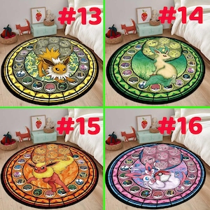 May include: Four circular area rugs featuring stained glass style illustrations of various creatures. Each rug displays a central character surrounded by a circular border of smaller circular icons containing symbols, set against a vibrant color background.