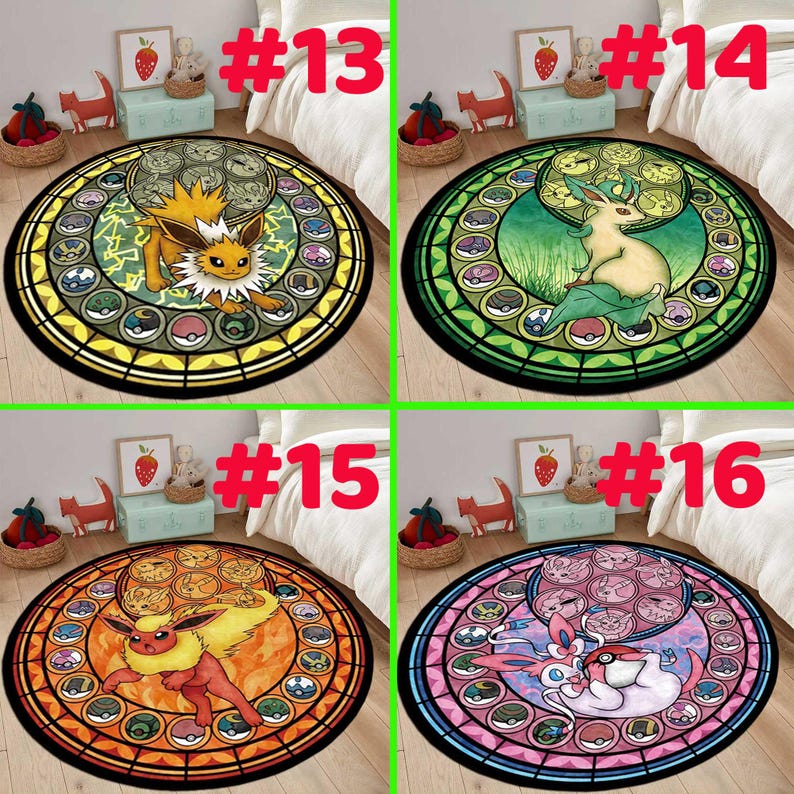 May include: Four circular area rugs featuring stained glass style illustrations of various creatures. Each rug displays a central character surrounded by a circular border of smaller circular icons containing symbols, set against a vibrant color background.