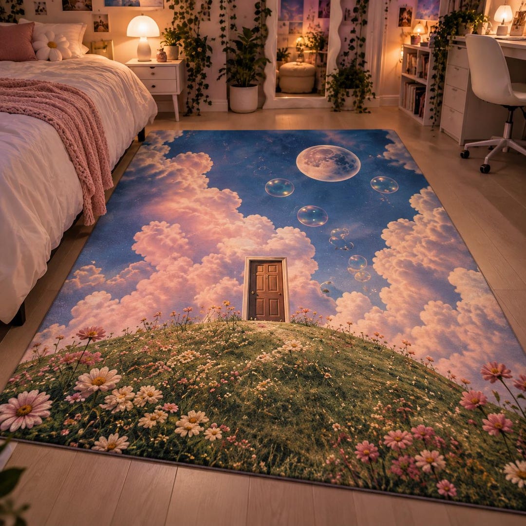 Dreamcore Area Rug, Surreal Doorway Carpet, Pink Cloudscape Rug ...