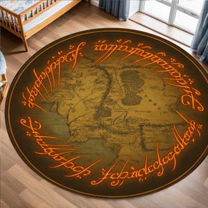 May include: A round area rug featuring a map design with a brown and gold color scheme. The map is surrounded by a glowing orange inscription. The rug is a decorative item for a living room or bedroom.