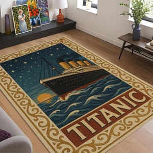 May include: A rectangular rug with a vintage illustration of the Titanic at sea under a starry night sky. The rug has a decorative border and the word "TITANIC" in large letters.