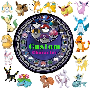 Könnte beinhalten: Eine farbenfrohe Illustration mit verschiedenen Pokémon-Charakteren, die ein Buntglasdesign umgeben. Das zentrale Design enthält den Text "Custom Character" und mehrere Poké Balls. Das Bild zeigt eine Vielzahl von Pokémon in leuchtenden Farben.