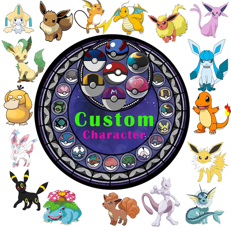May include: A circular graphic featuring various colorful cartoon creatures surrounding a central dark blue disc with the text Custom Character in green and pink. The design includes multiple spherical containers with distinct patterns.