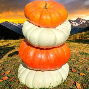 May include: A vertical stack of four pumpkins arranged in an alternating color pattern. The top and third pumpkins are bright orange, while the second and bottom pumpkins are off-white. Each pumpkin features a rounded, ribbed, and smooth surface.