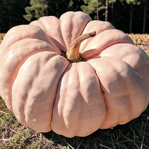 May include: A large, round, pale pink pumpkin with deep vertical ridges and a textured, woody brown stem. The pumpkin has a smooth, matte skin and sits prominently in the center, showcasing its segmented, bulbous shape and light coloration.
