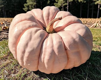 Puede incluir: Una calabaza grande, redonda y de color rosa pálido con profundas crestas verticales y un tallo marrón leñoso y texturizado. La calabaza tiene una piel lisa y mate, destacando por su forma segmentada y bulbosa y su coloración clara.