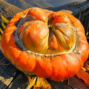 May include: A large, round, orange pumpkin with a distinct, raised, multi-lobed center section. The surface of the pumpkin features deep ridges, variations in orange and green coloration, and a textured, slightly weathered skin appearance.