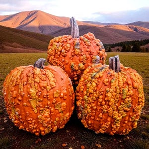 May include: Three large, orange, warty pumpkins with thick, woody stems arranged in a cluster. Each pumpkin features a deeply ribbed surface covered in numerous raised, bumpy, and textured growths, showcasing a vibrant orange and yellow color palette.