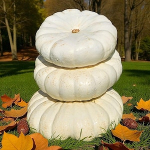 May include: A vertical stack of three white, ribbed pumpkins of varying sizes. The pumpkins have a smooth, matte surface with subtle tan speckling. The stack is positioned on green grass surrounded by scattered, fallen orange and brown autumn leaves.